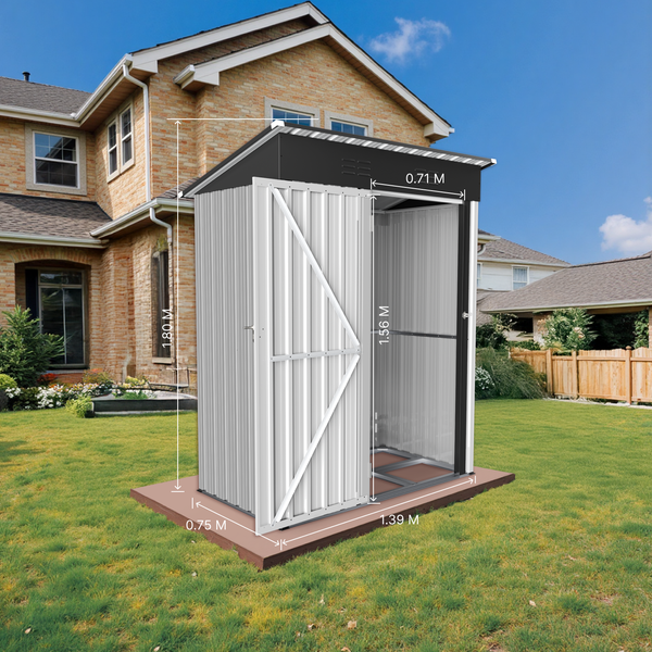 Abbildung eines Geräteschuppens mit den Maßen 1,80 Meter Höhe, 0,71 Meter Tiefe und 0,75 Meter Breite.