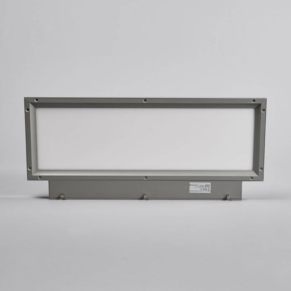Rechteckige LED-Wandleuchte mit grauem Metallrahmen und weißer Diffusorfläche.