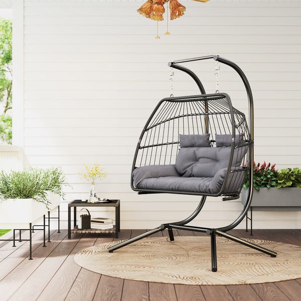 Outsunny Hängesessel mit Gestell faltbar Hängekorb mit Kissen Polyrattan Ergonomisch Hängeschaukel für 2 Personen Outdoor Hängestuhl belastbar bis 260kg Sessel für Balkon Terrasse Dunkelgrau