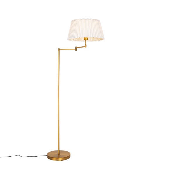 QAZQA - Klassisch I Antik Stehleuchte I Stehlampe I Standleuchte I Lampe I Leuchte aus Bronze mit weißem Faltenschirm und verstellbarem Arm – Ladas Deluxe I Wohnzimmer I Schlafzimmer - Stahl Länglich