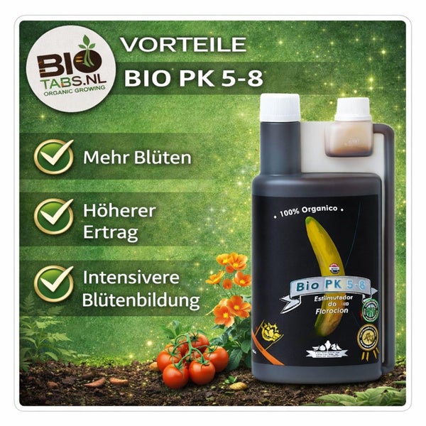 BioTabs Logo, BioTabs Bio PK 5-8 zertifizierter organischer Flüssigdünger für mehr Blüten, höheren Ertrag und intensivere Blütenbildung.