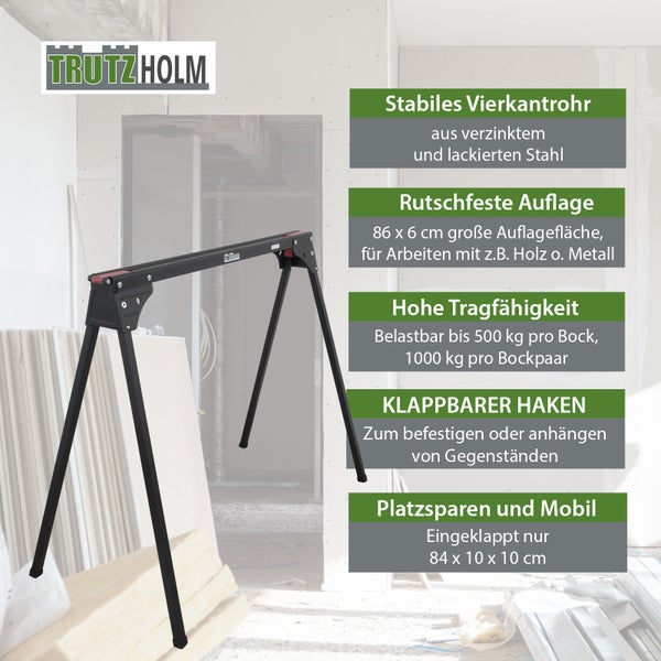 Schwarzer Trutzholm Klappbock aus Stahl auf einer Baustelle mit hoher Tragkraft von 1000 Kilogramm pro Paar und rutschfester Auflage.