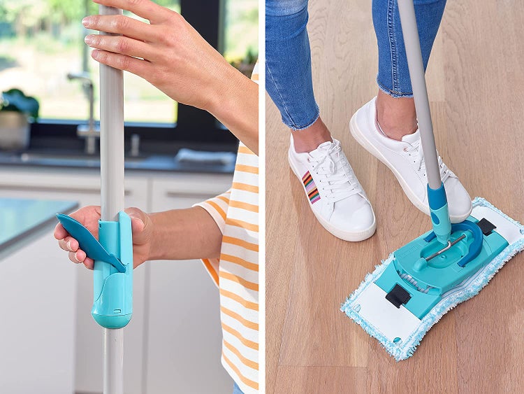 Leifheit Set CLEAN TWIST M Flachwischer Ergo 2.0, Bodenwischer mit 1x Mikrofaser Bezug für alle glatten Böden & 1x elektrostatischem Staubtuch, Wischmopp mit Click-System, Mop mit Schleudertechnologie