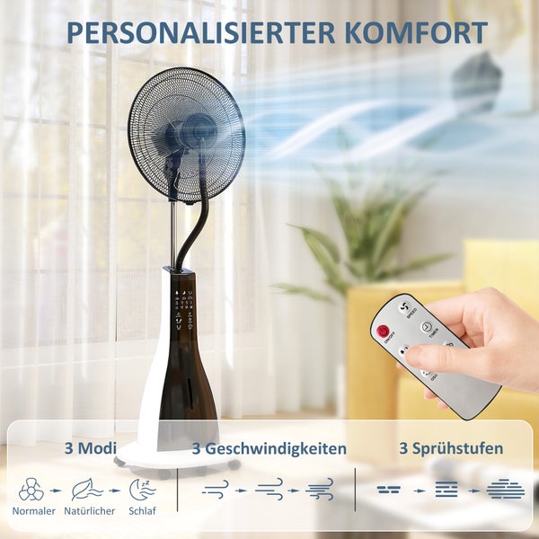 HOMCOM Ventilator mit Wasserkühlung, Standventilator mit Sprühnebel, Fernbedienung, Timerfunktion, oszillierend, 3 Stufen, 3 L Wassertank, 90 W Wasserventilator mit Rollen, 125 cm