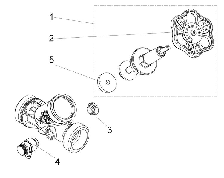 Explosionszeichnung einer Armatur mit nummerierten Ersatzteilen wie Handrad, Dichtung und Entleerventil.