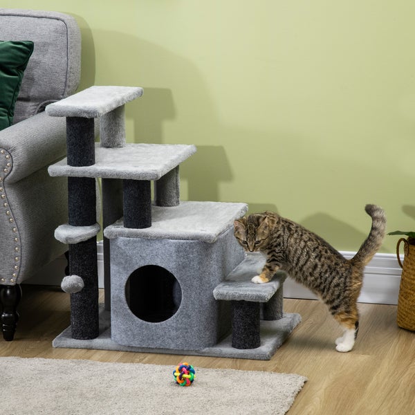 PawHut Haustiertreppe, 3/4-stufige höhenverstellbare Katzentreppe mit Schlafhöhle 2 in 1 praktische Hunderampe für kleine Hunde und Katzen Einstieghilfe für hohe Betten Sofa Grau 60 x 40 x 66 cm