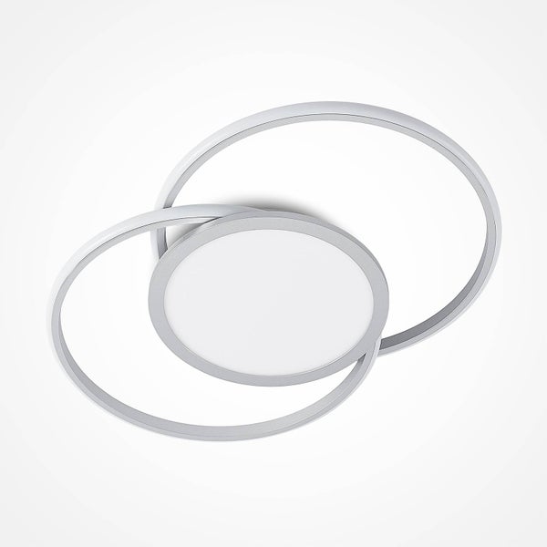 Moderne LED-Deckenleuchte mit drei ineinandergreifenden kreisförmigen Elementen aus Metall und Kunststoff.