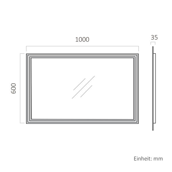 Maßzeichnung eines Spiegels mit einer Breite von 1000 Millimeter, einer Höhe von 600 Millimeter und einer Tiefe von 35 Millimeter.