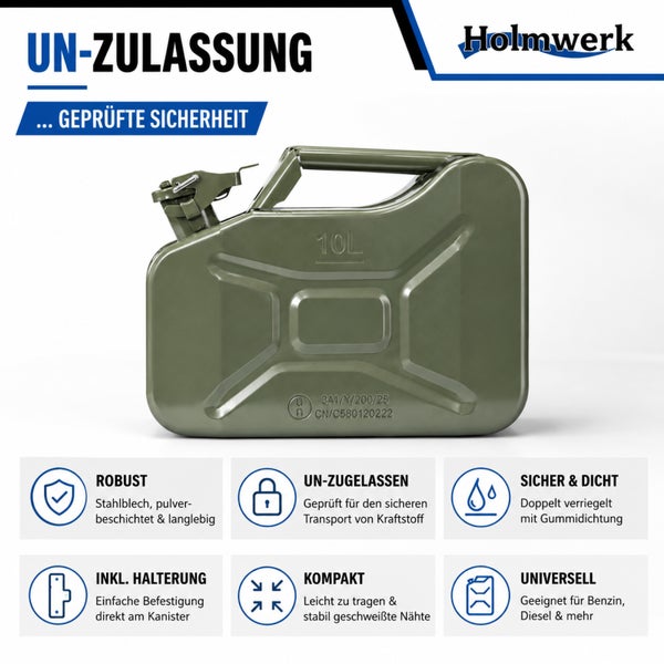 Holmwerk Kraftstoffkanister aus Stahlblech, 10 Liter Fassungsvermögen, UN-Zulassung, robust, dicht und inklusive Halterung.