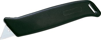 Cuttermesser mit schwarzem Kunststoffgriff und Trapezklinge.