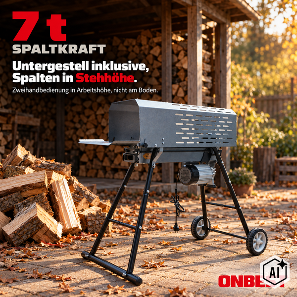 Holzspalter mit sieben Tonnen Spaltkraft und Untergestell fuer Arbeiten in Stehhoehe vor einem Stapel Brennholz im Garten.