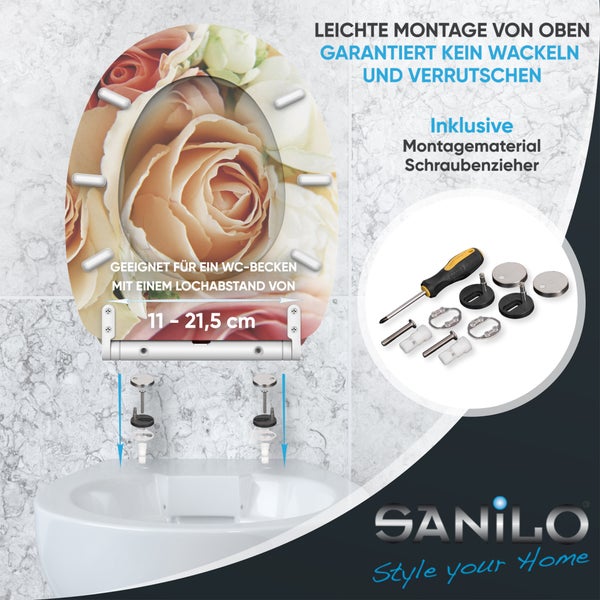 Sanilo WC-Sitz mit Rosenmotiv inklusive Montagematerial. Geeignet für Lochabstände von 11 bis 21,5 Zentimeter. Einfache Montage von oben. Sanilo Logo