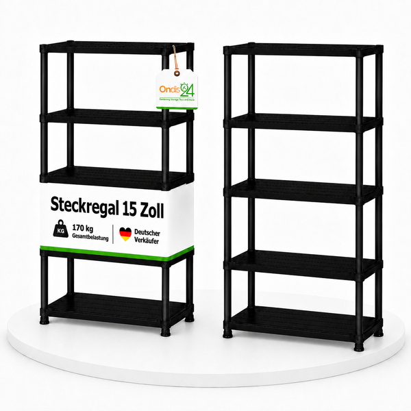 Zwei Kunststoff Steckregale mit vier Regalböden, Belastbarkeit 170 Kilogramm, Ondis24 Logo