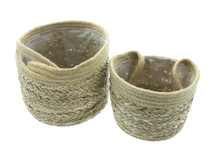 FRANK FLECHTWAREN | Hängekorb Seegras, 2er Set, SEEGRAS, JUTE, FOLIE, Ø 20 x 15cm , Ø 25 x 20 cm
