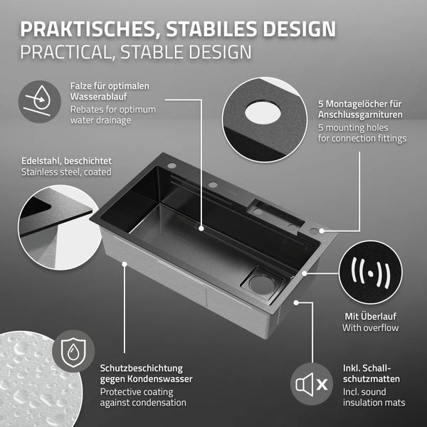 ML-Design Spülbecken Edelstahl 80x46 cm Anthrazit, Multifunktionale Küchenspüle rechteckig, Wasserfall Edelstahlspüle, Einbauspüle mit ausziehbarem Wasserhahn und anderem Zubehör, 1 Becken Waschbecken
