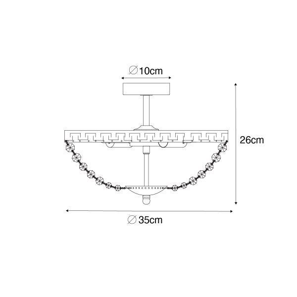 Technische Zeichnung einer Deckenleuchte mit den Maßen 10 cm Durchmesser für die Deckenbefestigung, 26 cm Höhe und 35 cm Durchmesser für den Lampenschirm.