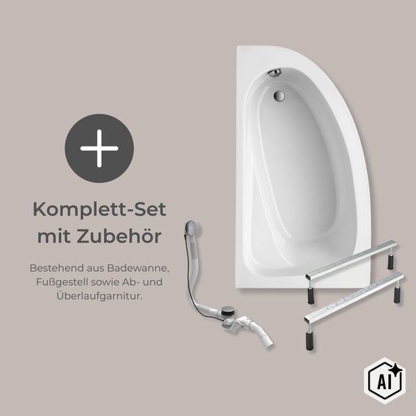 Eckbadewannen Komplettset mit Badewanne, Fußgestell sowie Ab- und Überlaufgarnitur für die Montage im Badezimmer.