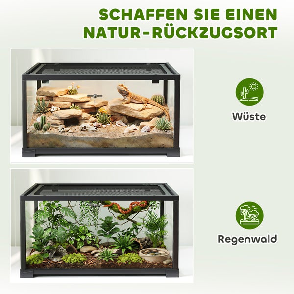 Zwei Terrarien im Vergleich: Ein Wüstenterrarium mit Bartagame, Sand und Steinen sowie ein Regenwaldterrarium mit üppigen Pflanzen und einer Schlange.