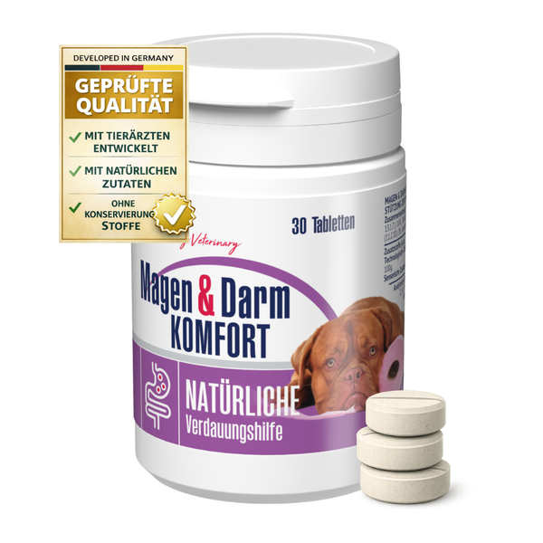 Magen und Darm Komfort Tabletten für Hunde, natürliche Verdauungshilfe, 30 Stück. Geprüfte Qualität, ohne Konservierungsstoffe.