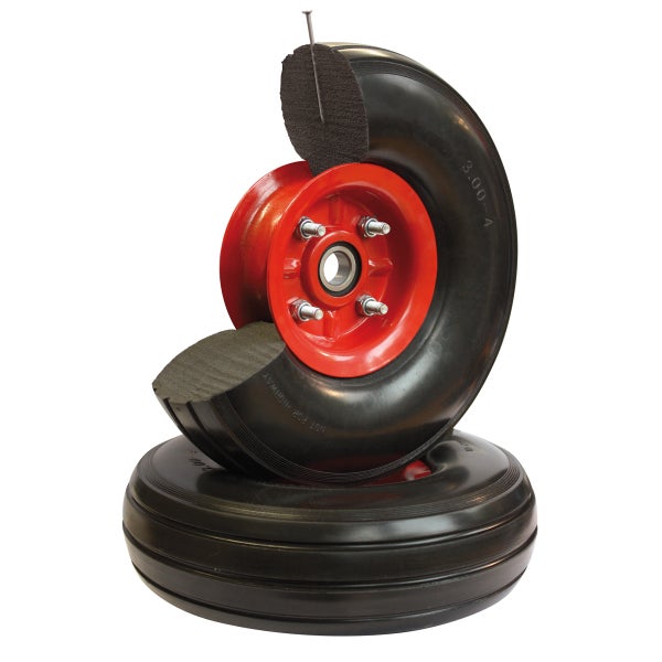 Schnittansicht eines Schubkarrenrades mit roter Felge und schwarzem Reifen