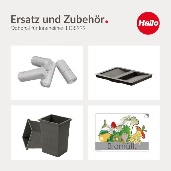Hailo Logo, Ersatzteile und Zubehör für Abfalleimer wie Müllbeutel, Deckel, Inneneimer und Biomüllaufkleber.
