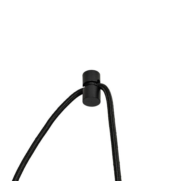 Schwarzer Kordelstopper aus Kunststoff mit schwarzer Kordel.