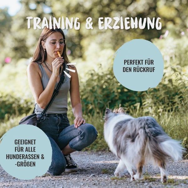 Frau mit Hund im Freien beim Hundetraining