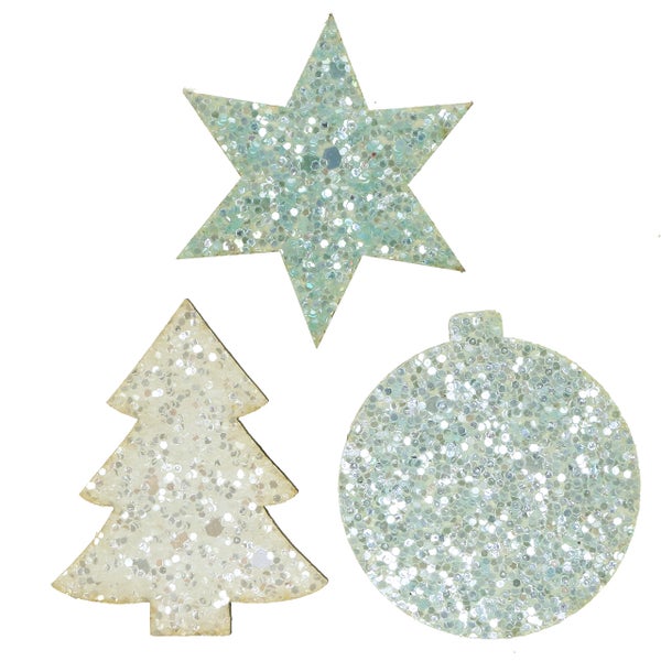 Dekorative Glitzerfiguren: Stern, Tannenbaum und Christbaumkugel