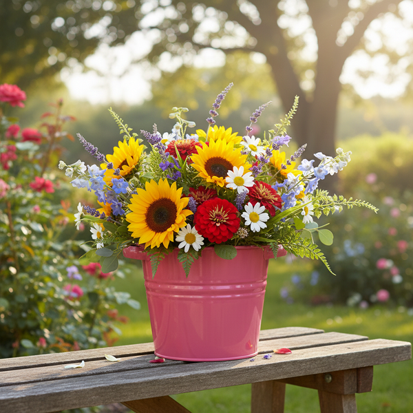 Bunter Sommerblumenstrauß mit Sonnenblumen, Zinnien und Gänseblümchen in einem rosa Eimer auf einer Gartenbank aus Holz.