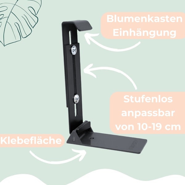 Blumenkastenhalterung mit stufenloser Anpassung von 10 bis 19 cm und Klebefläche