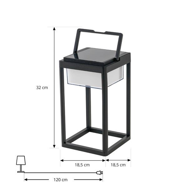 Moderne Solar-Laterne in Schwarz mit Tragegriff, Höhe 32 Zentimeter, Breite 18,5 Zentimeter, Tiefe 18,5 Zentimeter, Kabellänge 120 Zentimeter.