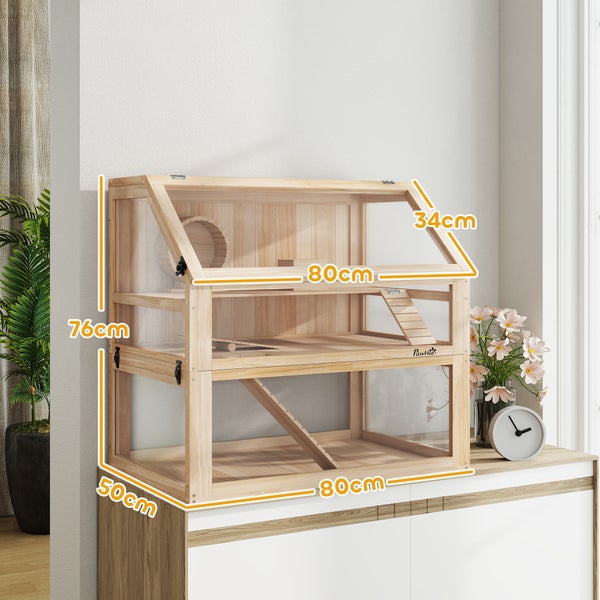 PawHut Hamsterkäfig aus Holz 3 Etagen Nagarium Nagerkäfig Kleintierkäfig mit klappbarem Deckel Laufrad und Zubehör, Kleintierstall Holzkäfig Käfig für Hamster Zwerghamster 80 x 50 x 76 cm Naturholz