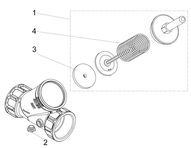 Technische Zeichnung eines Ventils mit Explosionsdarstellung der Innenteile wie Feder und Dichtungen für Nennweite 50.