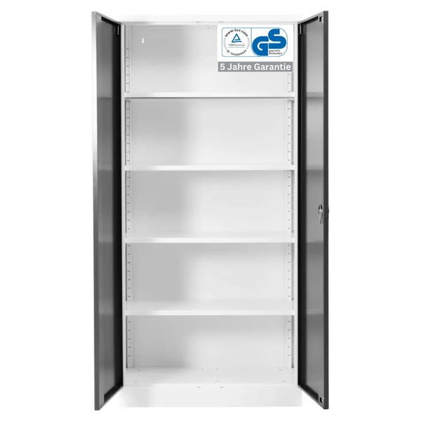 PROREGAL Stahlschrank Bee mit 4 lackierten Fachböden HxBxT 195 x 92 x 50 cm Korpusfarbe Verkehrsweiß Frontfarbe Anthrazit