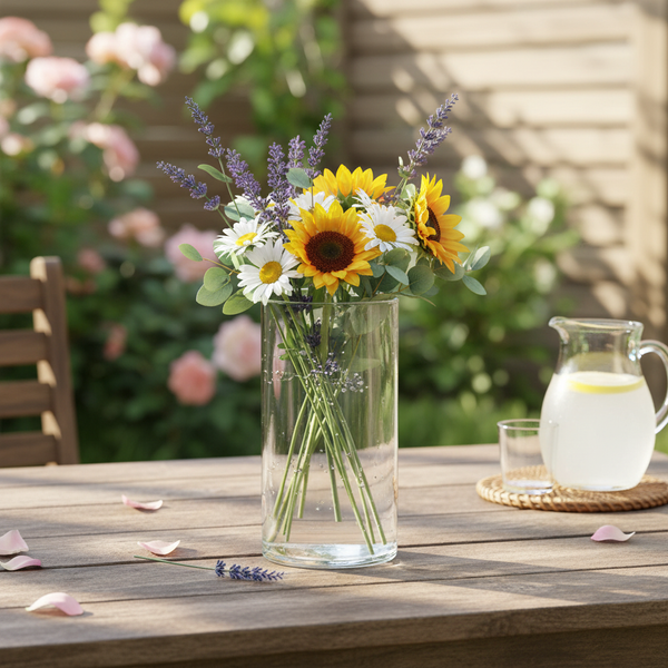 Zylindrische Blumenvase aus klarem Glas, auf einer Hand präsentiert zur Darstellung der Größe.