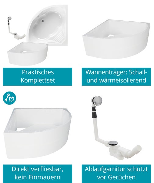 Eckbadewanne Komplettset mit isolierendem Wannenträger und geruchshemmender Ablaufgarnitur, direkt verfliesbar ohne Einmauern.