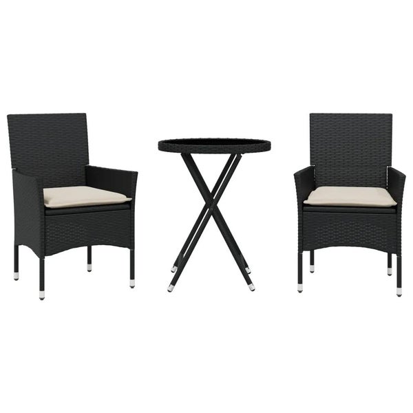 3-tlg. Bistro-Set mit Kissen Schwarz Poly Rattan und Glas