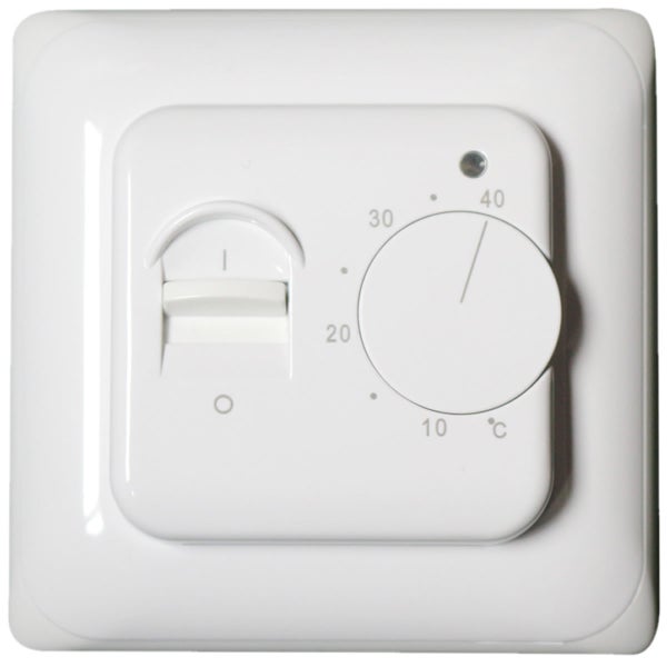 Wandthermostat mit Drehregler zur Temperaturregelung und Ein Aus Schalter zur Steuerung einer elektrischen Fußbodenheizung.