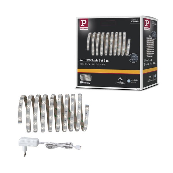 Paulmann YourLED Basic Set, 3 Meter LED-Streifen mit Netzteil, tageslichtweiß 6500 Kelvin, dimmbar, mit Schutzabdeckung.