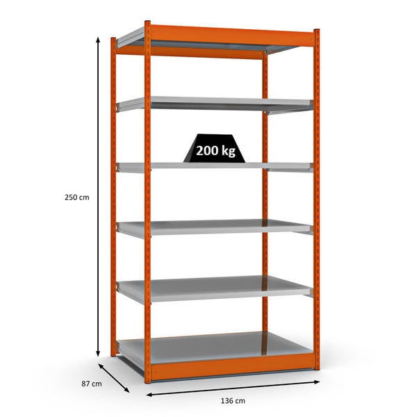PROREGAL Fachbodenregal Stecksystem Vierkant-Profil Grundregal HxBxT 250 x 132,5 x 80 cm 6 Ebenen Einseitige Bauart Fachlast 200 kg Orange