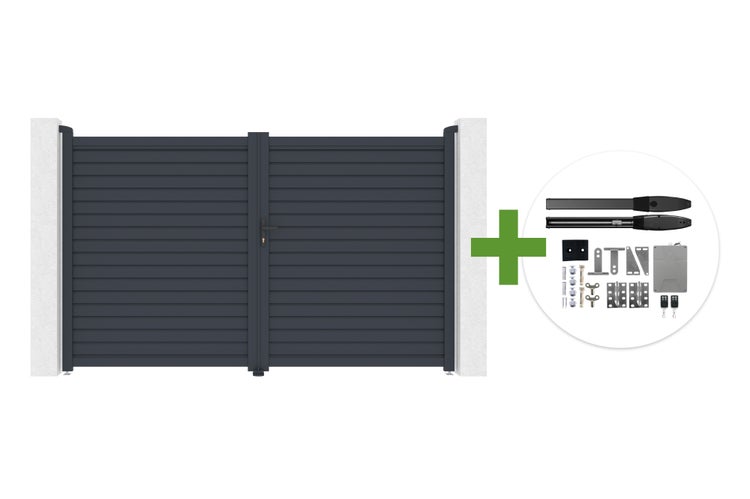 Zweiflügeliges Einfahrtstor in Anthrazit mit horizontalen Lamellen und elektrischem Torantrieb-Set inklusive Zubehör.