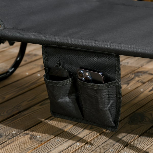 Seitentasche für Feldbett oder Gartenliege aus Textil mit Stauraum für Sonnenbrille und Smartphone.