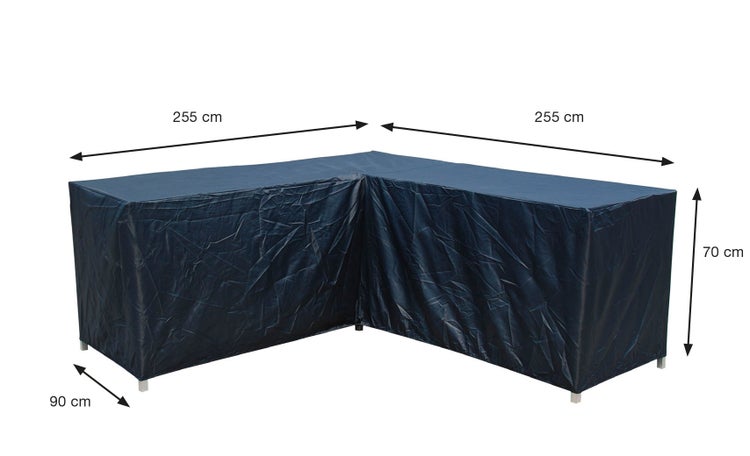 L-förmige Schutzhülle für Gartenmöbel mit den Maßen 255 mal 255 Zentimeter, einer Breite von 90 Zentimeter und einer Höhe von 70 Zentimeter.