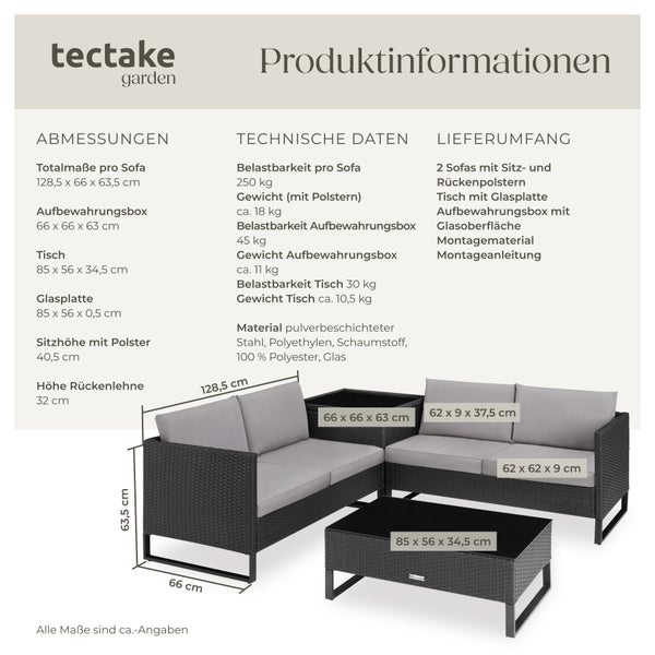 Produktinformationen zum tectake Gartenmöbel-Set mit zwei Sofas, Tisch und Aufbewahrungsbox