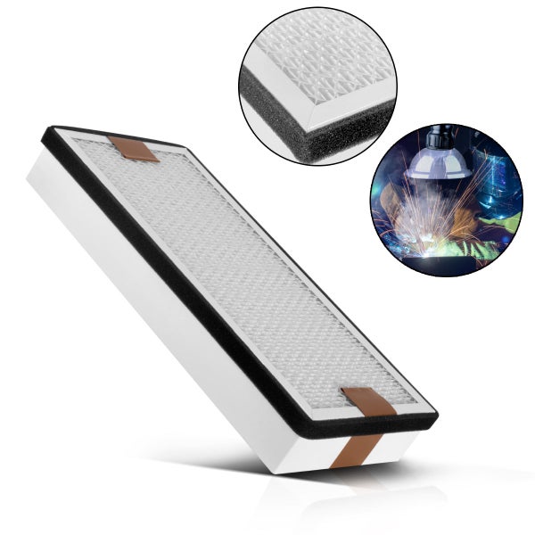 Rechteckiger Luftfilter mit schwarzer Schaumstoffdichtung und weißem Faltenfilter für Schweißarbeiten.