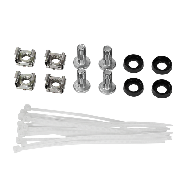 Set mit Käfigmuttern, Schrauben, Unterlegscheiben und Kabelbindern