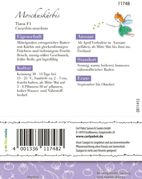 Rückseite einer Samentüte für Moschuskürbis Tiana F1 mit Hinweisen zu Aussaat, Standort und Ernte sowie einem Barcode.