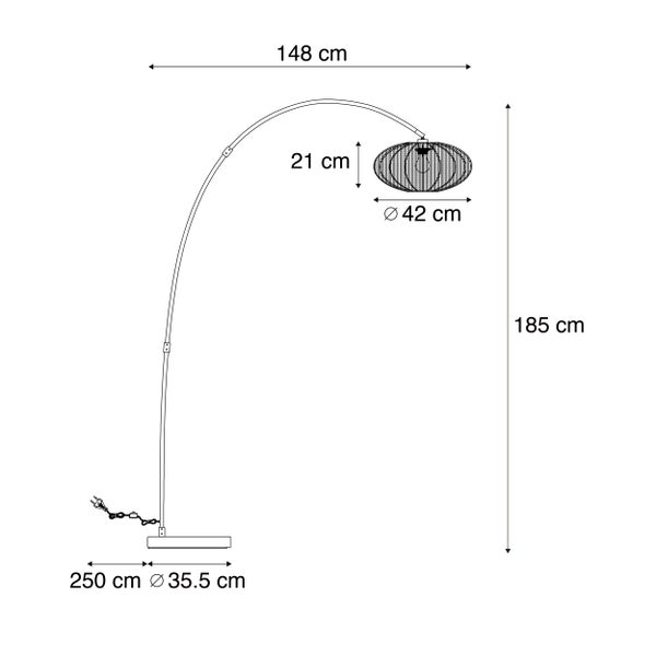 Maßzeichnung einer Bogenstehleuchte: Höhe 185 Zentimeter, Breite 148 Zentimeter, Schirmdurchmesser 42 Zentimeter, Fußdurchmesser 35,5 Zentimeter.