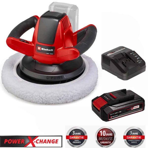 Einhell Akku-Poliermaschine Set mit 18 Volt Power X-Change Akku, Ladegerät, Polierhaube, Einhell Logo, Power X-Change Logo und Garantiehinweisen.