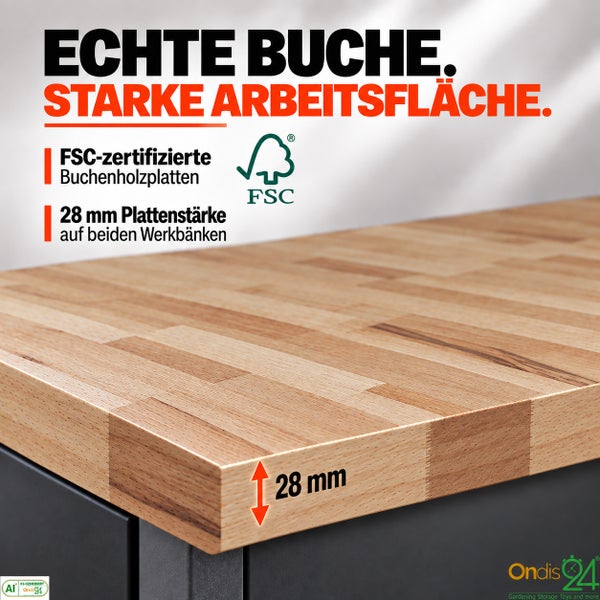Arbeitsplatte aus FSC zertifiziertem Buchenholz mit 28 Millimeter Plattenstärke fuer Werkbaenke